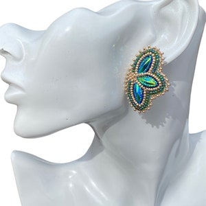 Small green gold beaded earrings, Native American beaded earrings, Indigenous beadwork, beaded Mardi Gras earrings image 1