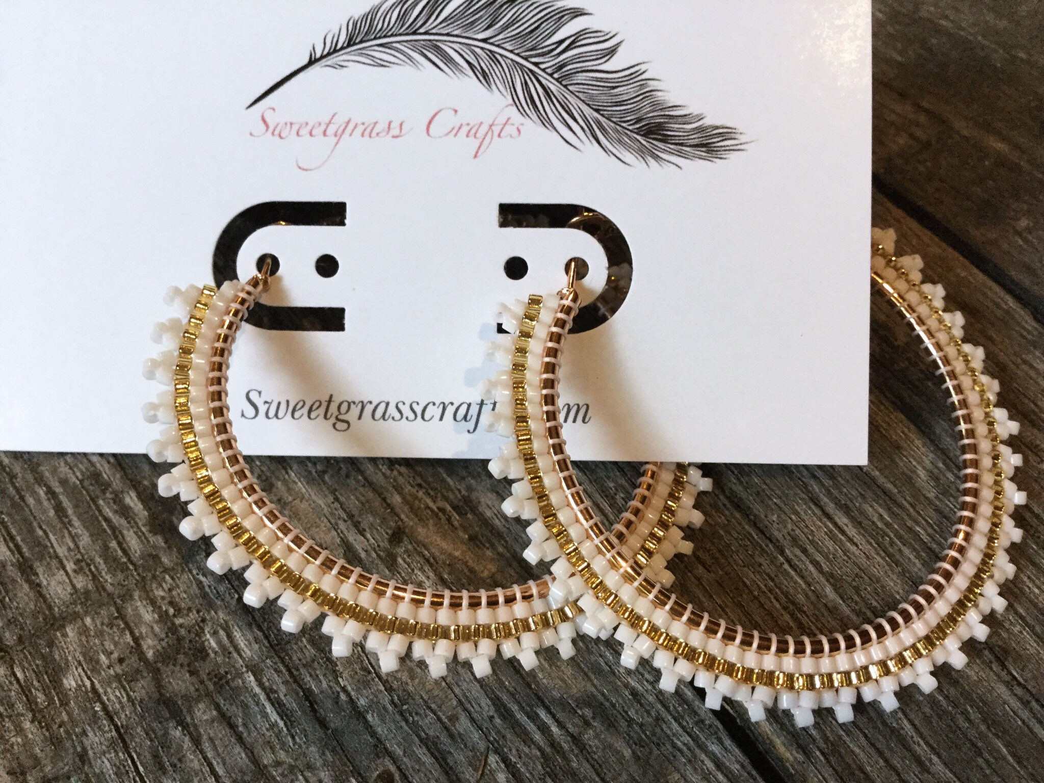 2 Gold White Beaded Hoop Earrings Beaded Hoop Earrings Native