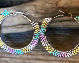 2”  beaded hoop earrings, beaded hoop earrings, Native beaded earrings, summer earrings, spring  earrings, white hoops