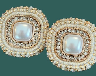 Cream gold square pearl beaded earrings