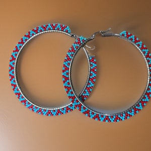 3 inch beaded turquoise & red hoop earrings
