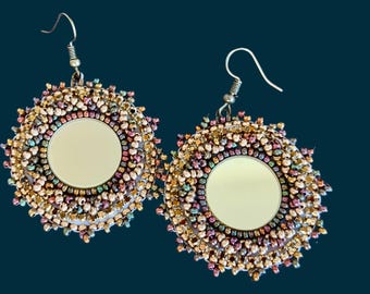 Multi-colour & gold drop earrings, Mardi Gras round dangle earrings