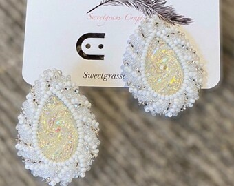 White Wedding earrings, Native Wedding earrings, White teardop earrings, Native Beadwork, Unique earrings