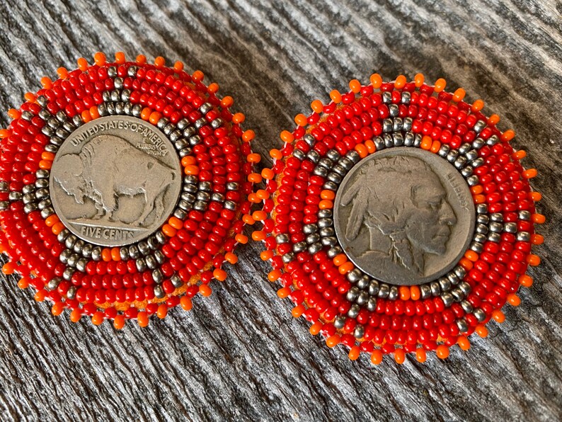 Buffalo Nickel Coin Earrings Beaded Indian Head Nickel Etsy