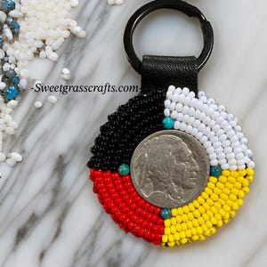 Beaded Native Medicine wheel keychain, Beaded Native key chain, Buffalo nickel Keychain, Indigenous keychain