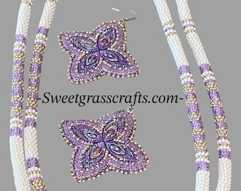Purple & silver beaded double rope necklace with earrings, Native American set
