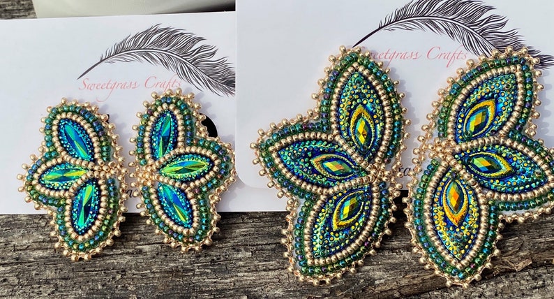 Small green gold beaded earrings, Native American beaded earrings, Indigenous beadwork, beaded Mardi Gras earrings image 7