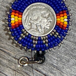 Beaded badge reel, Native American beaded badge holder, Indigenous beadwork, beaded ID holder, ID card reel, buffalo nickel beaded ID reel image 4