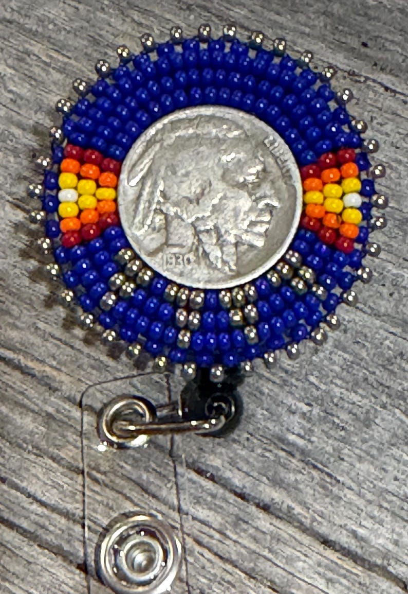 Beaded badge reel, Native American beaded badge holder, Indigenous beadwork, beaded ID holder, ID card reel, buffalo nickel beaded ID reel image 4