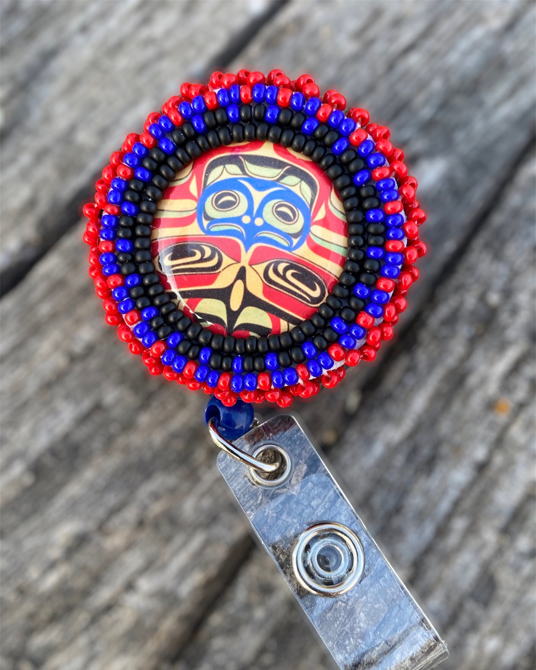 Beaded Medicine Wheel Badge Reel, Native American Beaded