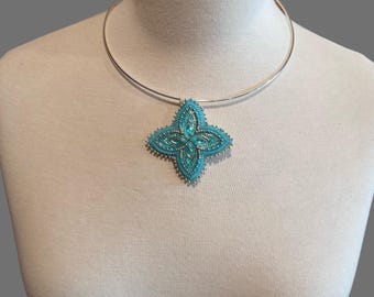 First Nations beaded blue & silver necklace, beaded star necklace,