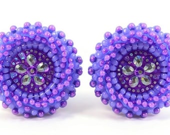 Beaded small blue & purple round earrings