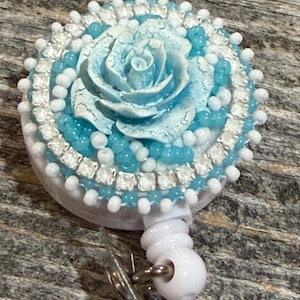 Beaded blue & white flower badge reel, badge holder