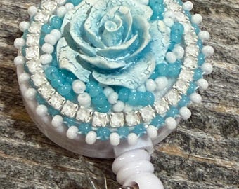 Beaded blue & white flower badge reel, badge holder