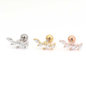16G Curved Leaf earring Leaf helix earring CZ Curved flower cartilage earring Helix earring Hypoallergenic Leaf stud earring helix piercing