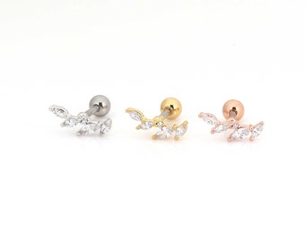 16G Curved Leaf earring Leaf helix earring CZ Curved flower cartilage earring Helix earring Hypoallergenic Leaf stud earring helix piercing