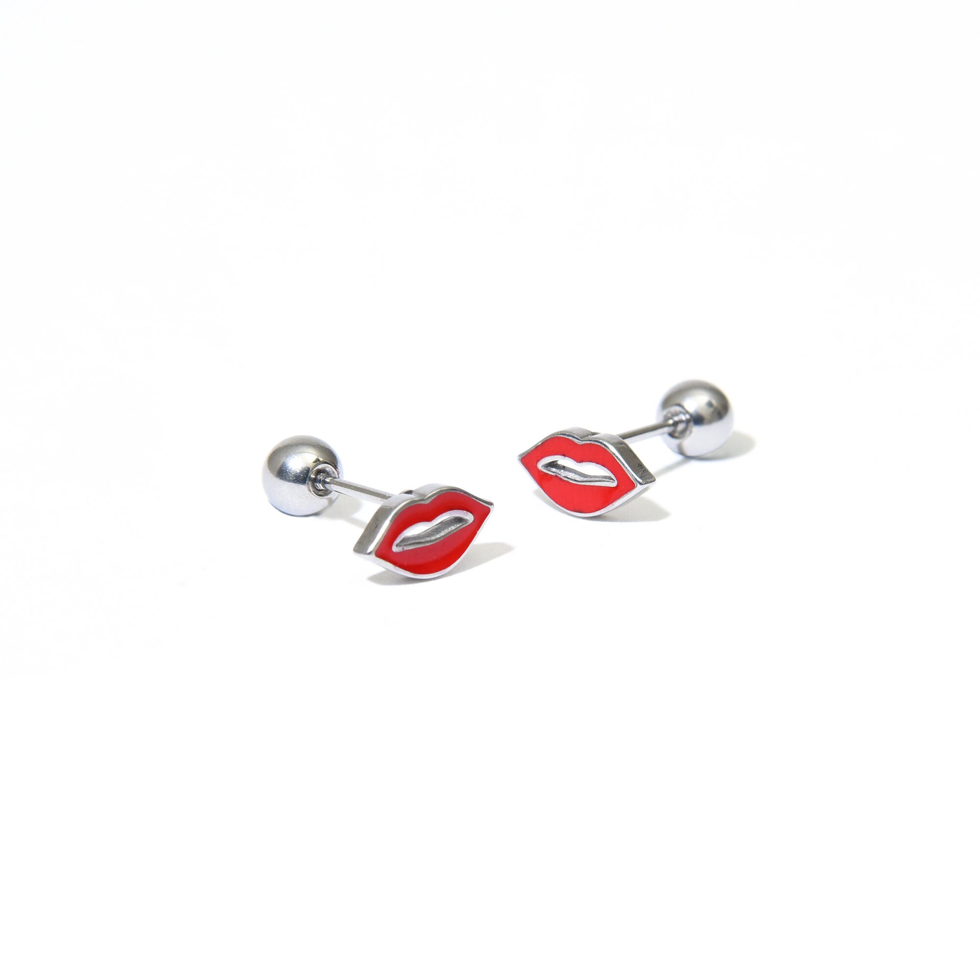 Red lip stud earrings/20G Silver Red lips cartilage earrings Etsy