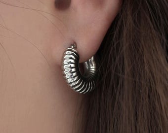 Chunky Ribbed Silver Hoop Earrings, Surgical Steel Huggie Hoops, Thick Minimalist Hoop Earrings, Everyday Statement Jewelry Gift for Her