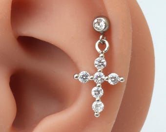 16G Cartilage Piercing Earring, Dangle Helix Stud, CZ Cross Crown Snowflake Flower, Surgical Steel Tragus Jewelry