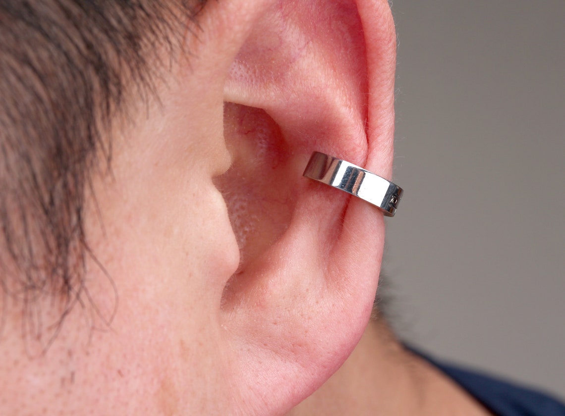 Clip on earring/men's earrings/Silver Black ear cuff/fake Etsy