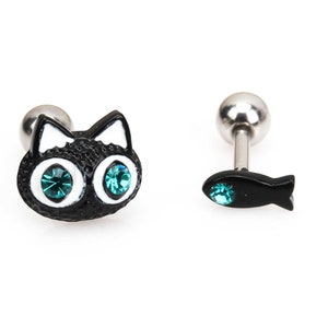 Katze Knorpel Ohrringe 16g Katze und Fisch Helix Ohrringe kleine Fische Ohrringe Schraubkugel Chirurgenstahl Ohrringe niedliche Katze Fisch Muschel Ohrringe