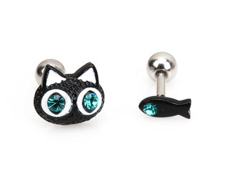 Cat cartilage earrings 16g cat and fish helix earrings tiny fish earrings screw ball surgical steel earrings cute cat fish conch earrings