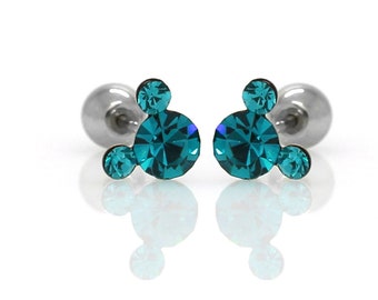 Mickey mouse earrings 4mm turquoise cz stud piercing screw back surgical steel