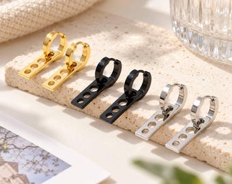 Geometric Bar Dangle Hoop Earrings, 25mm Rectangle Huggie Hoops, Minimalist Punk Earrings, Silver Gold Black, Pair
