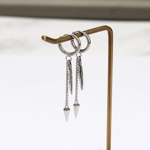 Huggie chain earrings,spike earrings, long threader earrings, silver long chain earrings, long chain earrings, streetwear earrings,