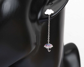 Cloud earrings with raindrop rainbow umbrella   screw back earrings   rain umbrella earrings   weather earrings   rain drop earring