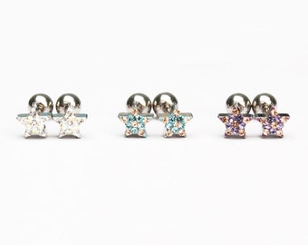 Tiny star stud earrings crystal star screw back cz ball earrings surgical steel earrings  cartilage helix earrings