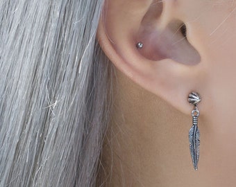 Feather earring  16g cartilage stud feather drop earring heilx stud piercing earring  surgical steel screw back earring punk earring 1 piece