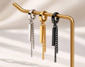 Kpop Style Chain Drop Earrings, 7mm Huggie Hoop with Bar Dangle, 40mm Long Chain Earrings, Surgical Steel, Punk Jewelry