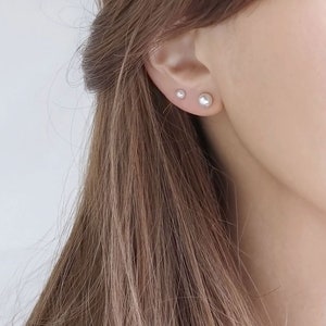 White pearl earrings with safety back ball surgical steel pearl cubic piercing earrings everyday earrings tiny pearl earring 2piece