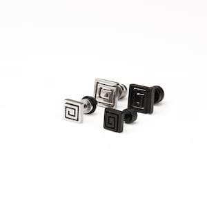 Square spiral stud earring silver black spiral stud earring geometric earring square swirl cartilage earring for men midsize square studs