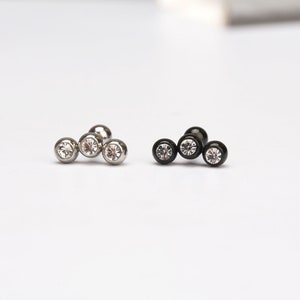 Cz curved bar stud earring  screw back earring  helix  cartilage  conch  tragus, sterling silver, curved bar earring, silver, black