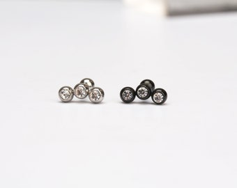 Cz curved bar stud earring  screw back earring  helix  cartilage  conch  tragus, sterling silver, curved bar earring, silver, black
