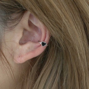 Silver ear cuffs no piercing 925 sterling silver black heart ear cuff conch cuff silver cartilage cuff non pierced silver wrap cuff earring
