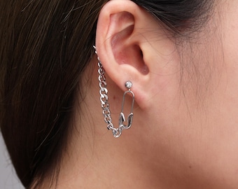 Safety pin chain earrings double piercing two hole earring double earring stud two stud earring two stud ear jacket  surgical steel