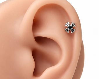 Tiny Floral Cartilage Stud Earring, Black CZ Helix Tragus Piercing, Surgical Steel Ear Stud, Screw Back Jewelry
