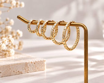 Gold Hammered Hoop Earrings Pair, Diamond Cut Huggie Hoops, Textured Gold Earrings, Small to Large Hoops, 7mm 10mm 12mm 16mm 20mm