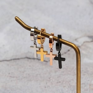 Tiny cross earrings huggie hoop earrings gold cross hoop earrings hoop with cross surgical steel huggie earrings for men  women  a pair