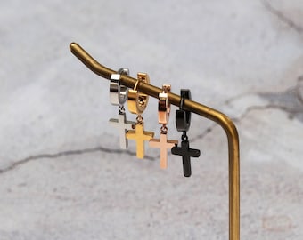 Tiny cross earrings huggie hoop earrings gold cross hoop earrings hoop with cross surgical steel huggie earrings for men  women  a pair