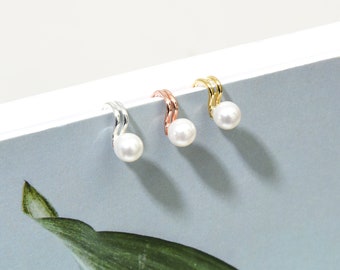 Silver ear cuff  pearl ear huggies  dainty ear cuffs  mini pearl ear cuff  minimalist ear cuff earrings  ear cuff earrings gift for her