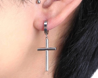 Cross earrings simple cross dangle hoop earrings bts jimin earrings silver cross huggie earring surgical steel hypoallergenic
