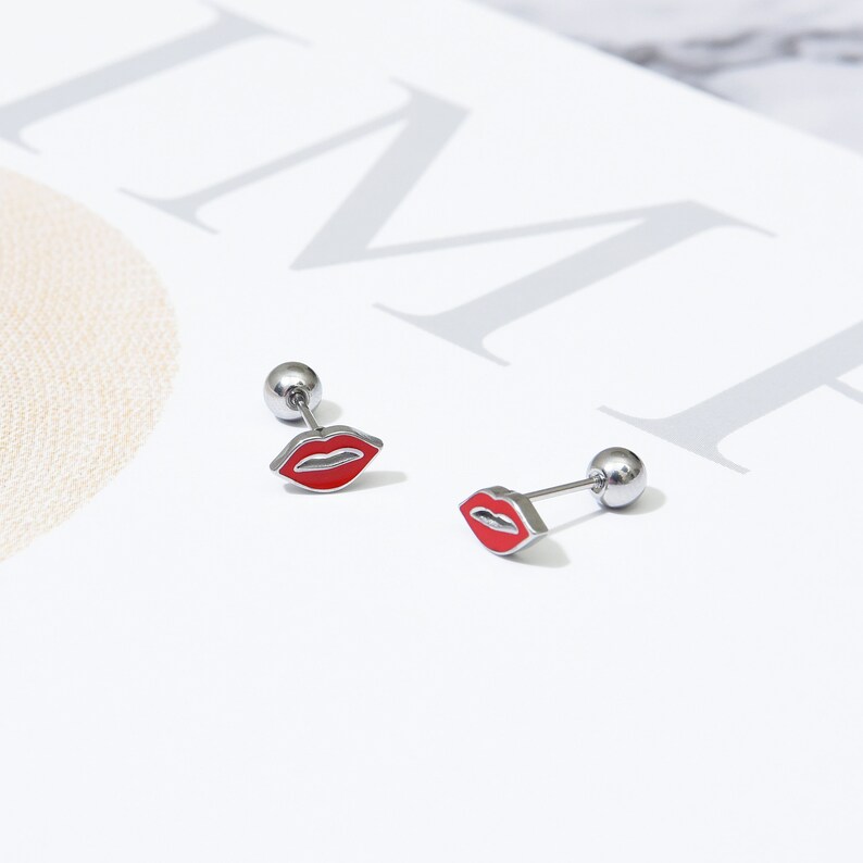 Red Lip Stud Earrings 20G Silver Red Lips Cartilage Earrings Etsy