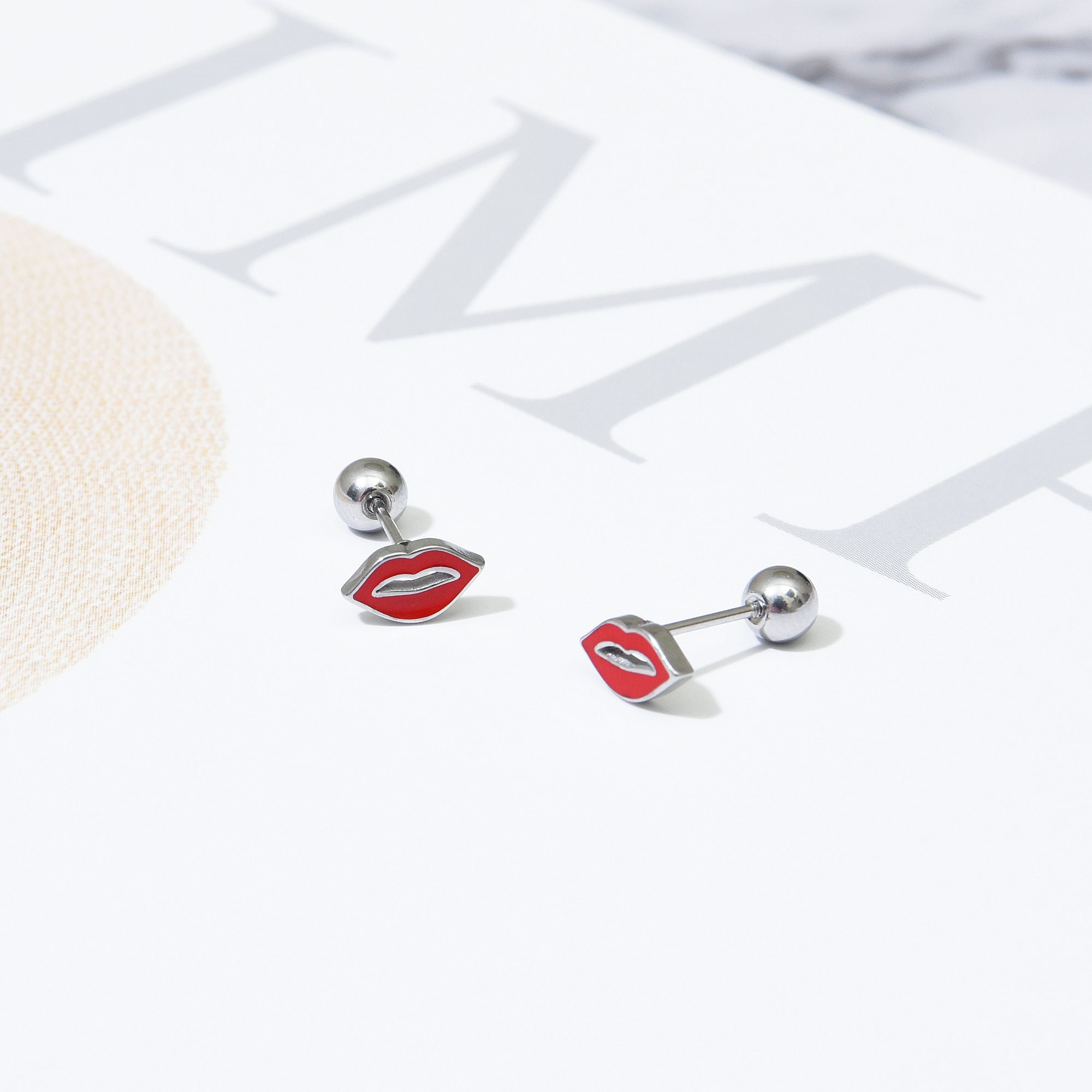 Red lip stud earrings/20G Silver Red lips cartilage earrings Etsy
