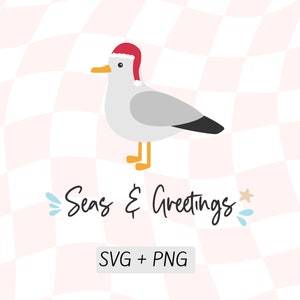 Mares e saudações SVG, cartão de Natal de verão da Nova Zelândia PNG design, gaivota com chapéu de Papai Noel, Natal na praia, pássaros com chapéus de Natal
