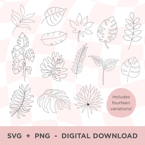 Tropische bladeren overzicht SVG, eenvoudige lijntekening, getekende planten SVG PNG, tekening bladeren Svg, silhouet Monstera, instant digitale download