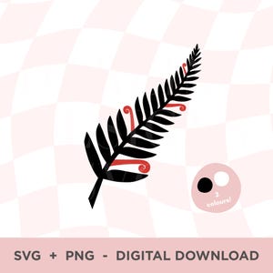 Peut inclure: Illustration d'une feuille de fougère noire avec des accents rouges, sur un fond à carreaux roses et blancs. Un petit graphique indique deux couleurs. Le texte en bas indique "SVG + PNG - TÉLÉCHARGEMENT NUMÉRIQUE."